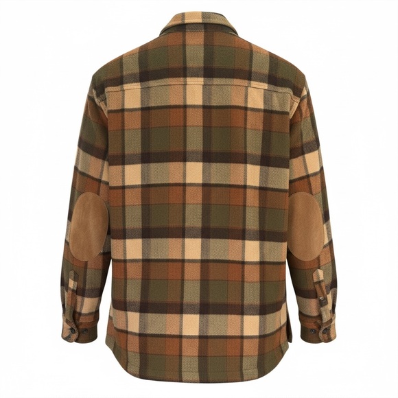 Jones Sport Brown/Green Plaid ZipUp Flannel Shacket Suede Elbow Patches Women Lg - Picture 2 of 10